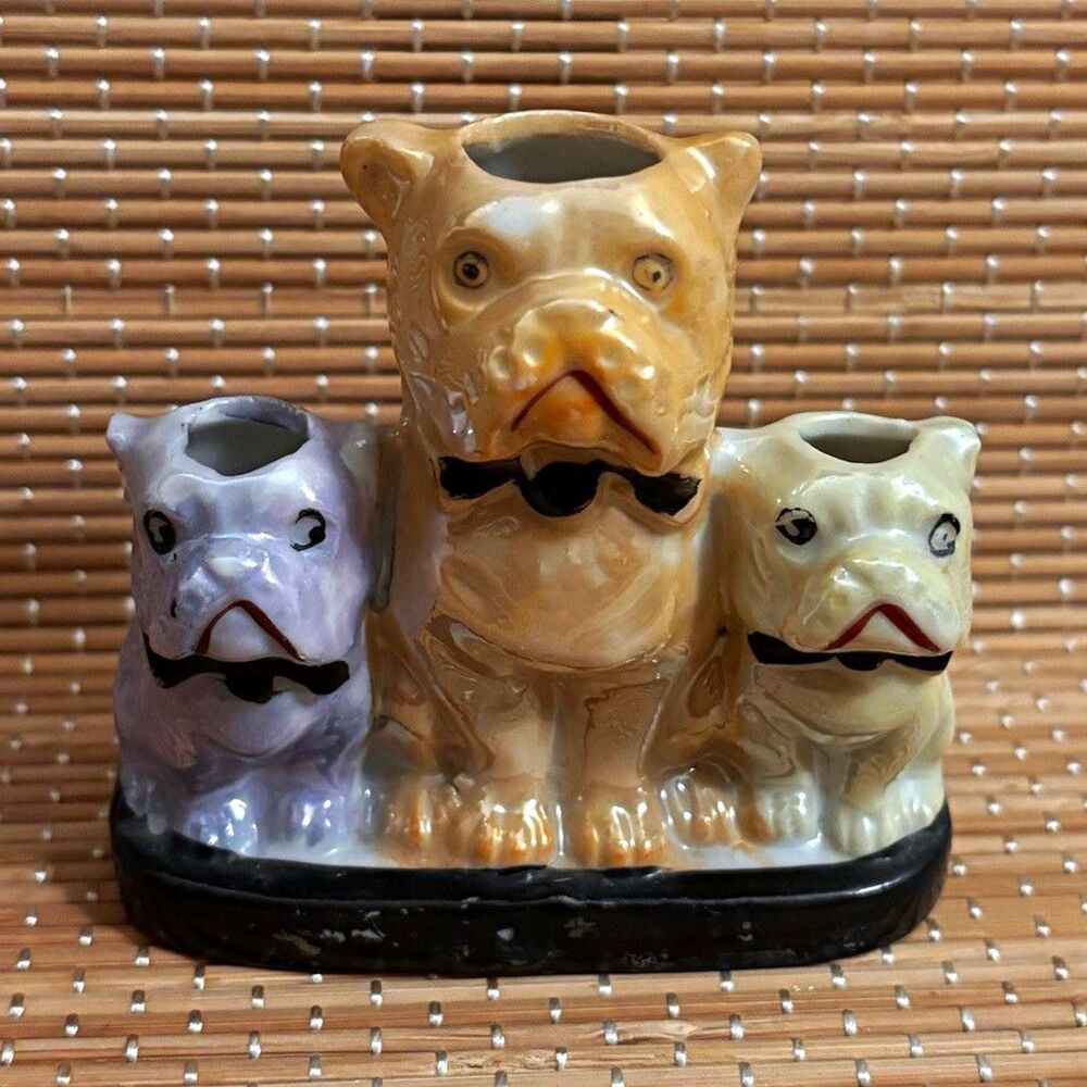 Vintage Made in Japan Hand-Painted Ceramic Bulldog Bud Vase Pen Holder